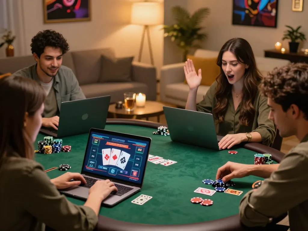 NK88 poker players engaging in an exciting online game night with friends, showcasing strategic gameplay.