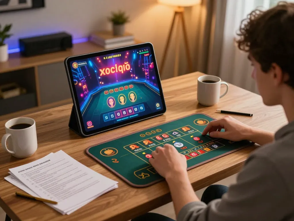 Xóc đĩa online gameplay on a tablet while player reviews gaming strategies at home