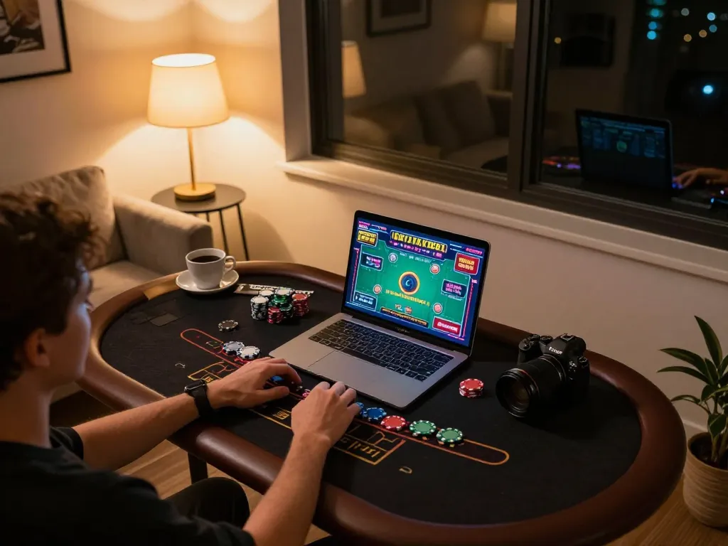 Person engaging in vipwin live dealer blackjack at home, showcasing strategic gameplay and cozy atmosphere.
