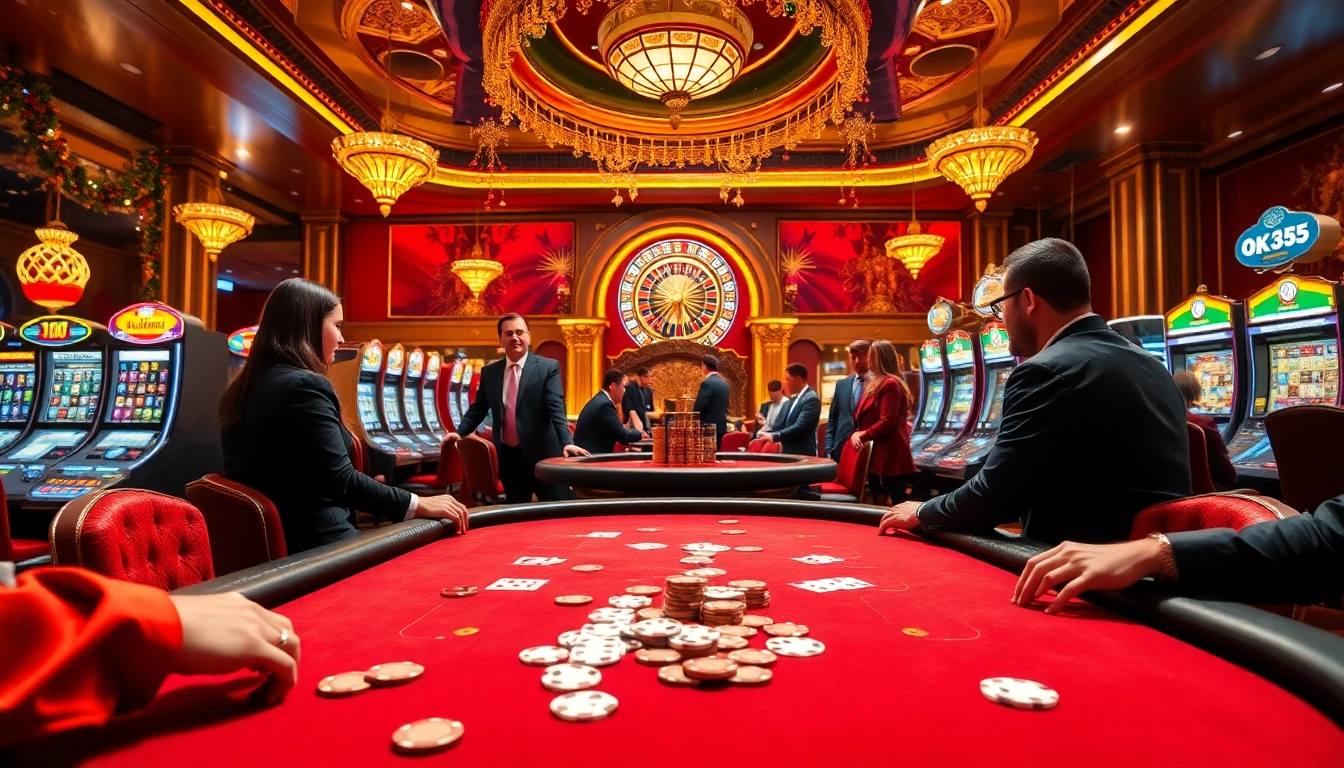 Players engaging in high-stakes poker at OK365's luxurious casino, with lively roulette and slot machines.