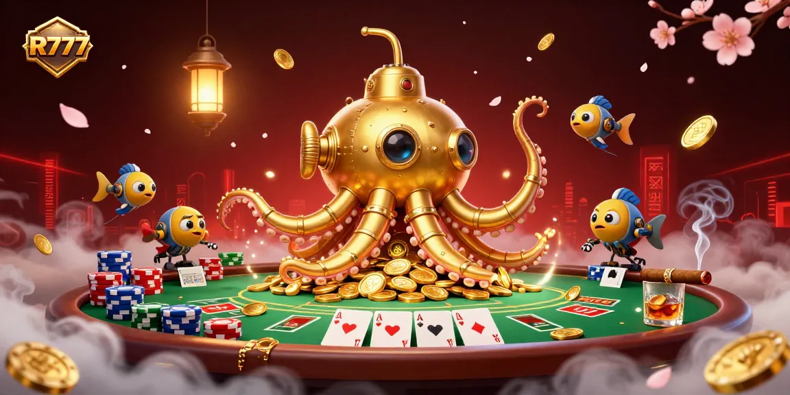 Experience thrilling gaming with R777 in a vibrant 3D casino scene featuring a golden kraken and poker elements.