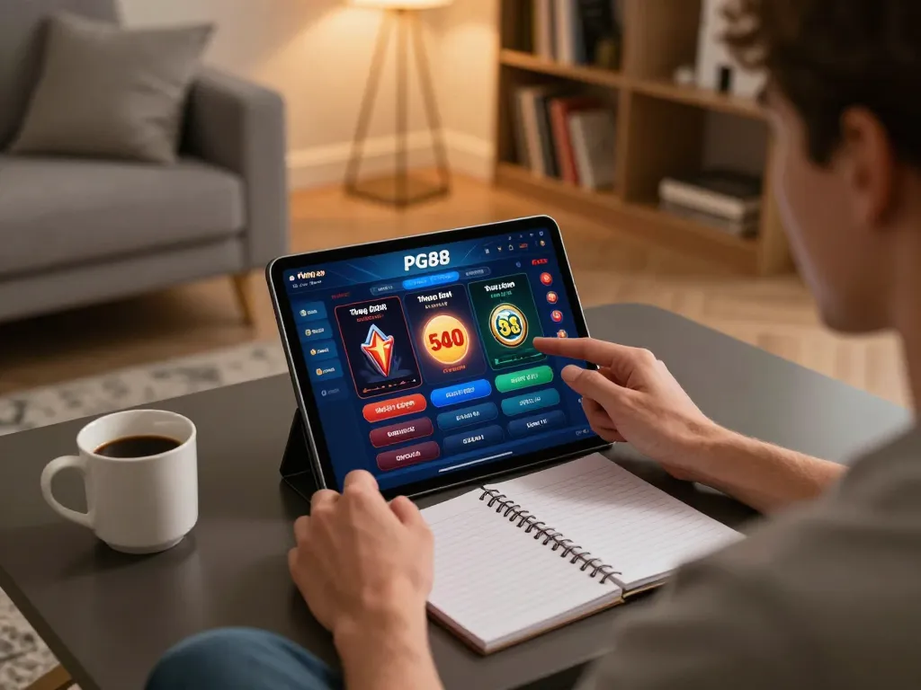 Engaging with the thương hiệu PG88 app on a tablet in a cozy living room setting for online gambling.