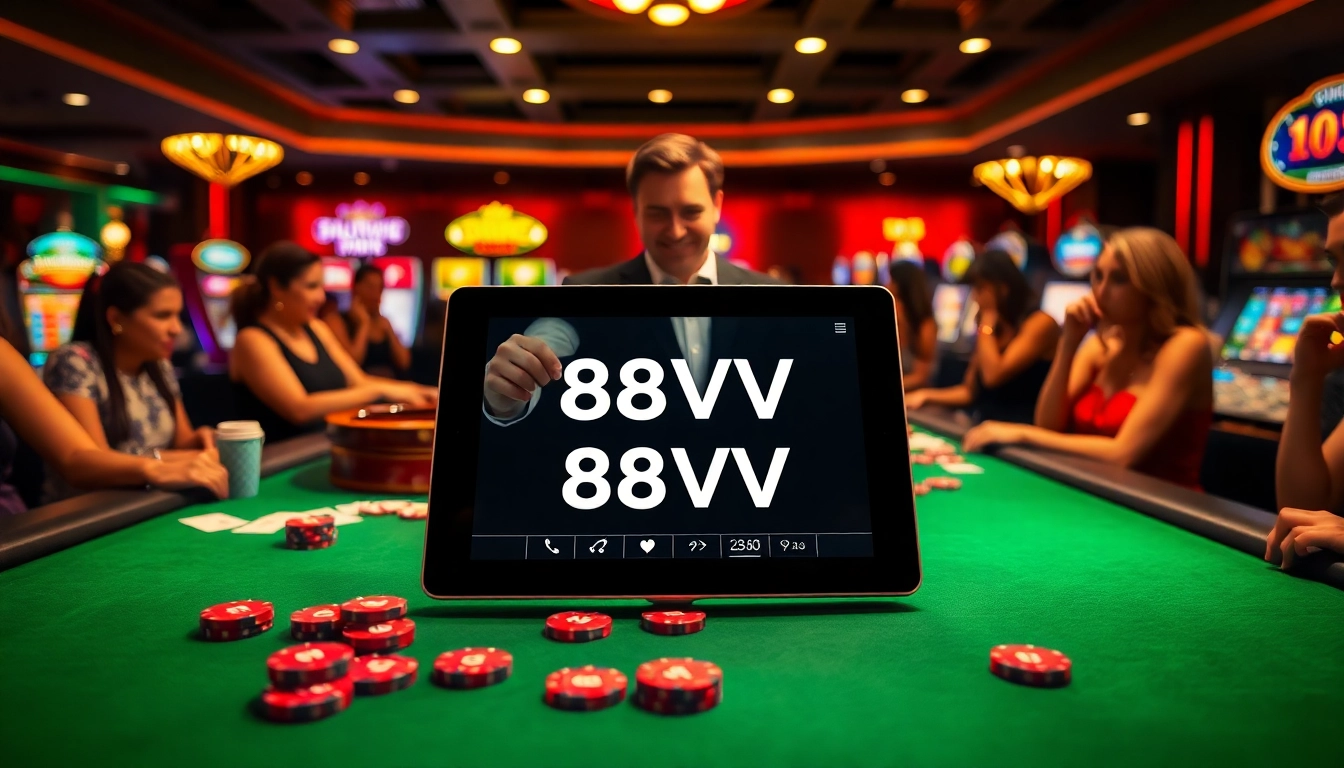 Winning moments at 88VV casino, featuring players at a roulette table and vibrant slot machines.
