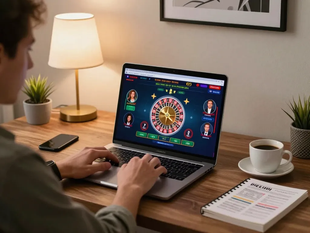 Enthusiastic player engages with fabet live dealer games at home, surrounded by cozy decor.