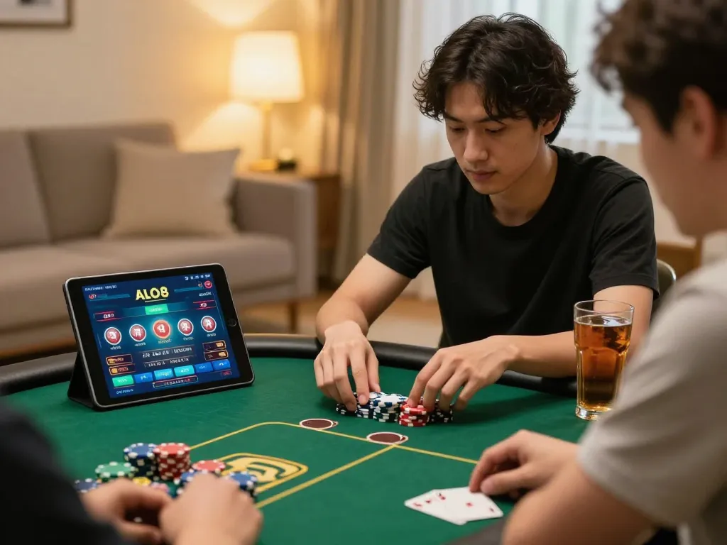 Player using ALO8 app for live poker while relaxing at home, chips and notes visible.