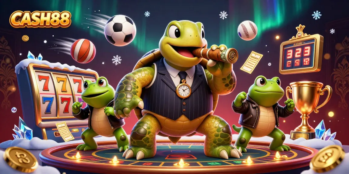 CASH88 brings excitement with a cartoon turtle mobster and frog enforcers in a vibrant casino scene.