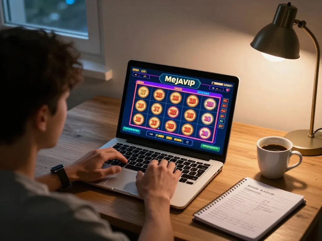 Pemain menikmati permainan slot online MejaVIP di laptop sambil mengambil catatan strategis, pengaturan rumah yang nyaman.