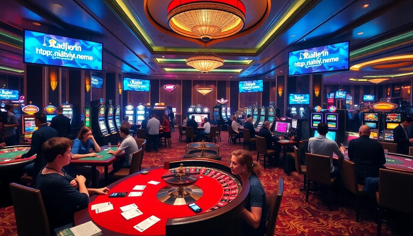 Experience a thrilling casino atmosphere at https://nhatvip.meme/, featuring poker tables and vibrant slot machines.