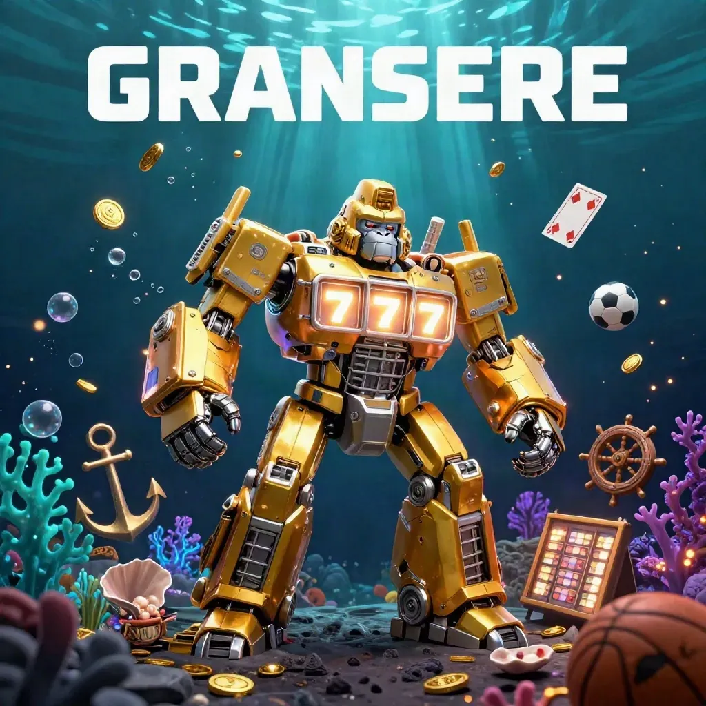 Golden gorilla mech and tiny monkey pilot rise in an underwater treasure cove with glowing casino relics.