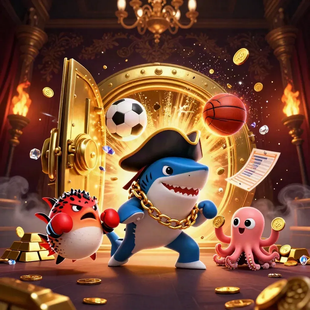 Pirate shark, boxing pufferfish, and coin-juggling octopus amid a vault burst, balls, and gold