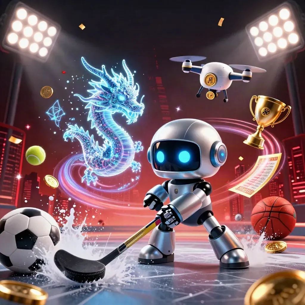 Cyberpunk robot, dragon, and drone at a hockey blast with flying balls, coins, and red-gold lights.