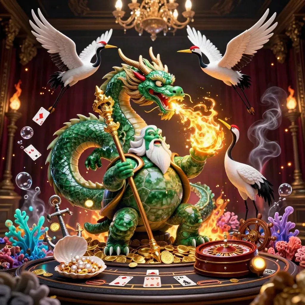 Jade dragon, turtle sage, and cranes amid gold coins, coral, and casino glow in a dark luxe cave