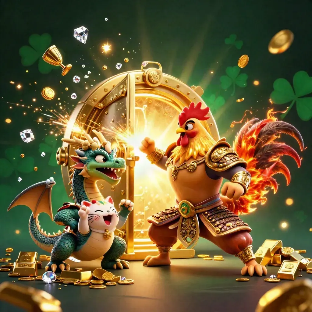 Rooster warrior, dragon hatchling, and fortune-cat burst from a gold vault with gems and treasure.