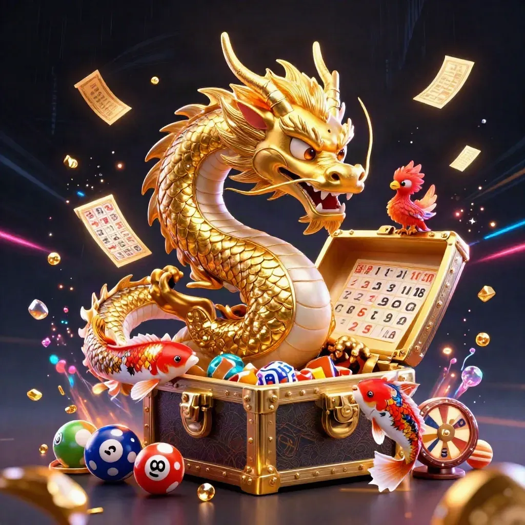 Golden dragon, phoenix, and koi explode from a treasure chest with casino tokens and glowing lights
