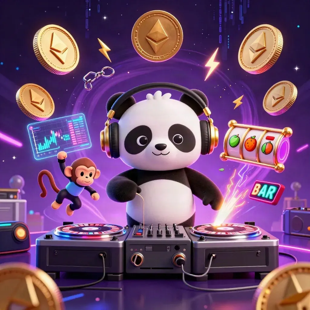 DJ panda, monkey, and glow-stick kitten with roulette wheels, coins, and neon casino effects.