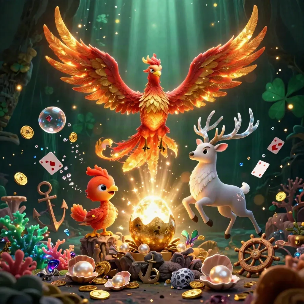 Phoenix, hatchling, and crystal stag burst through an underwater treasure cove.