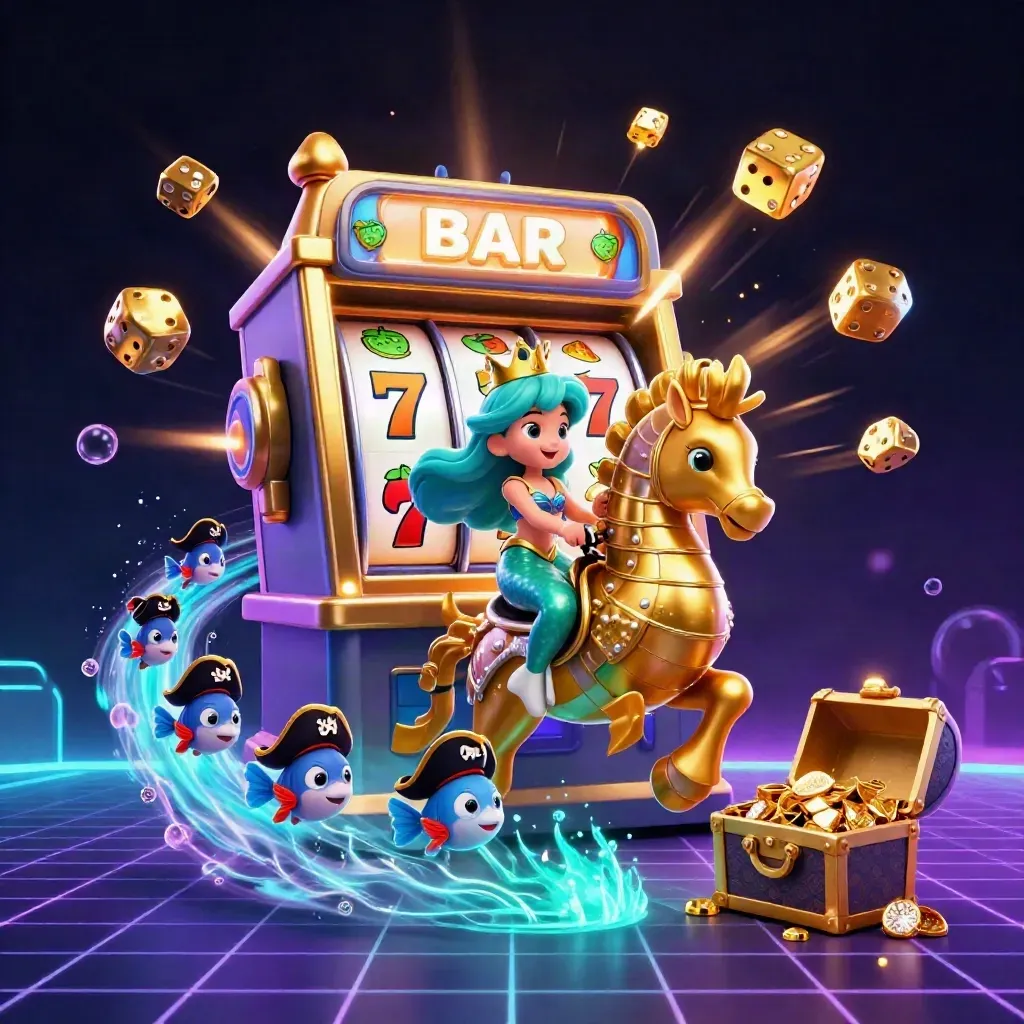 Mermaid princess rides armored seahorse amid slot-machine jackpot burst and pirate fish