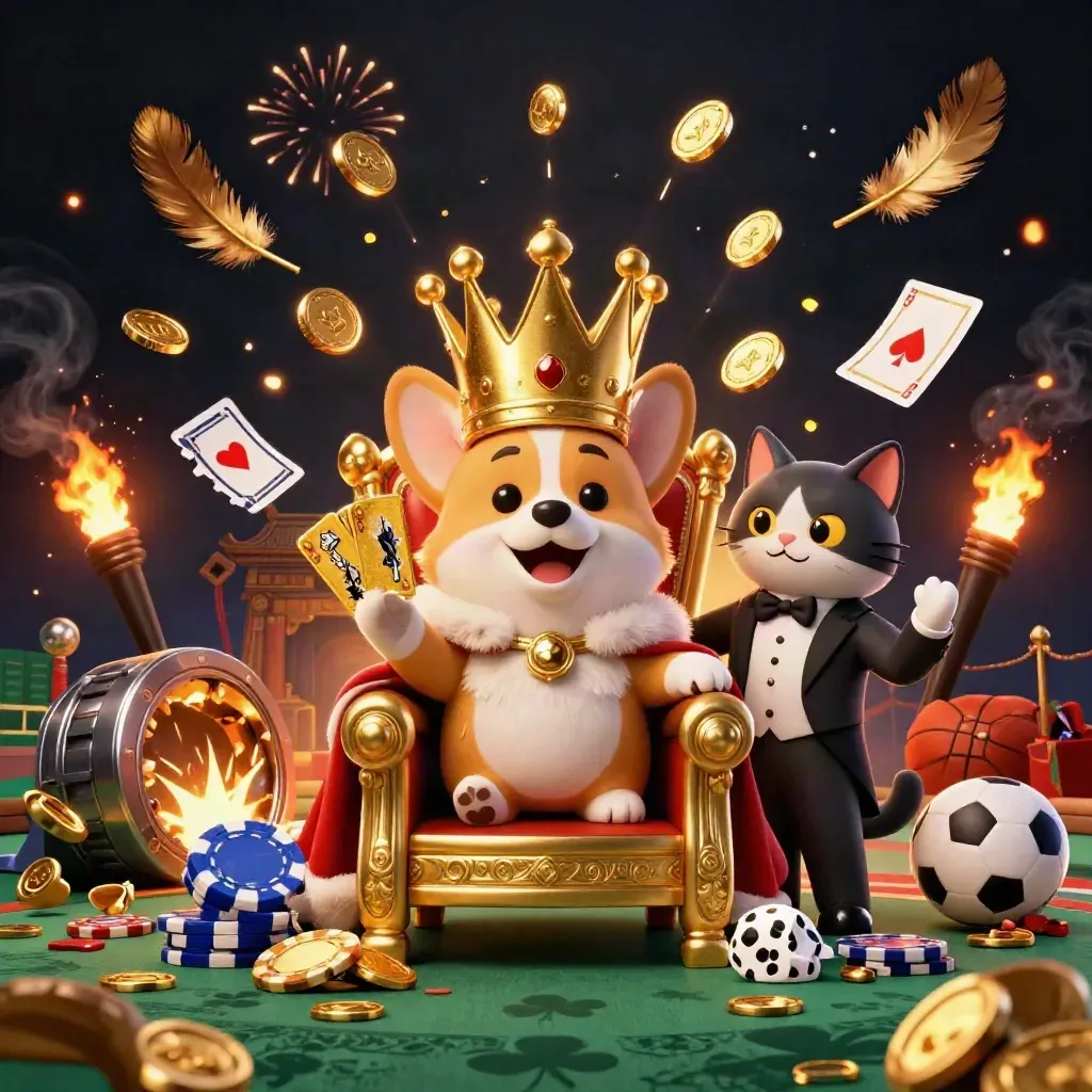 Royal corgi and cat butler amid vault coins, fireworks, sports props, and a glowing casino backdrop.
