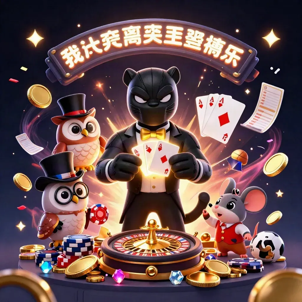 Cartoon panther, owl, and mouse erupt from a treasure vault with coins, fireworks, and sports icons.