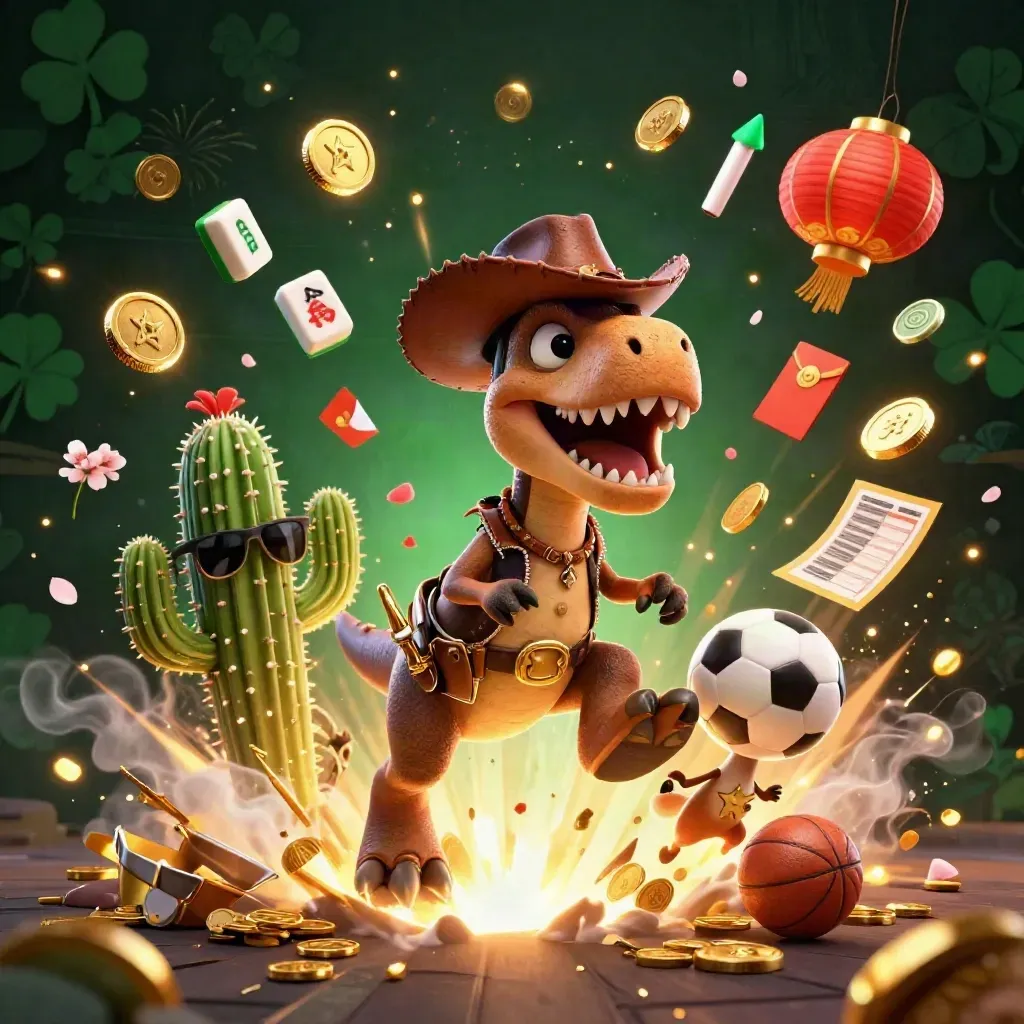 Cowboy T-Rex vault blast with coins, lanterns, and sports betting props
