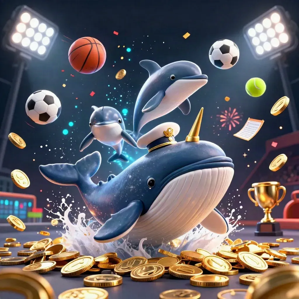 Whale captain, narwhal, and dolphins burst through gold coins with sports balls, trophy, and fireworks.