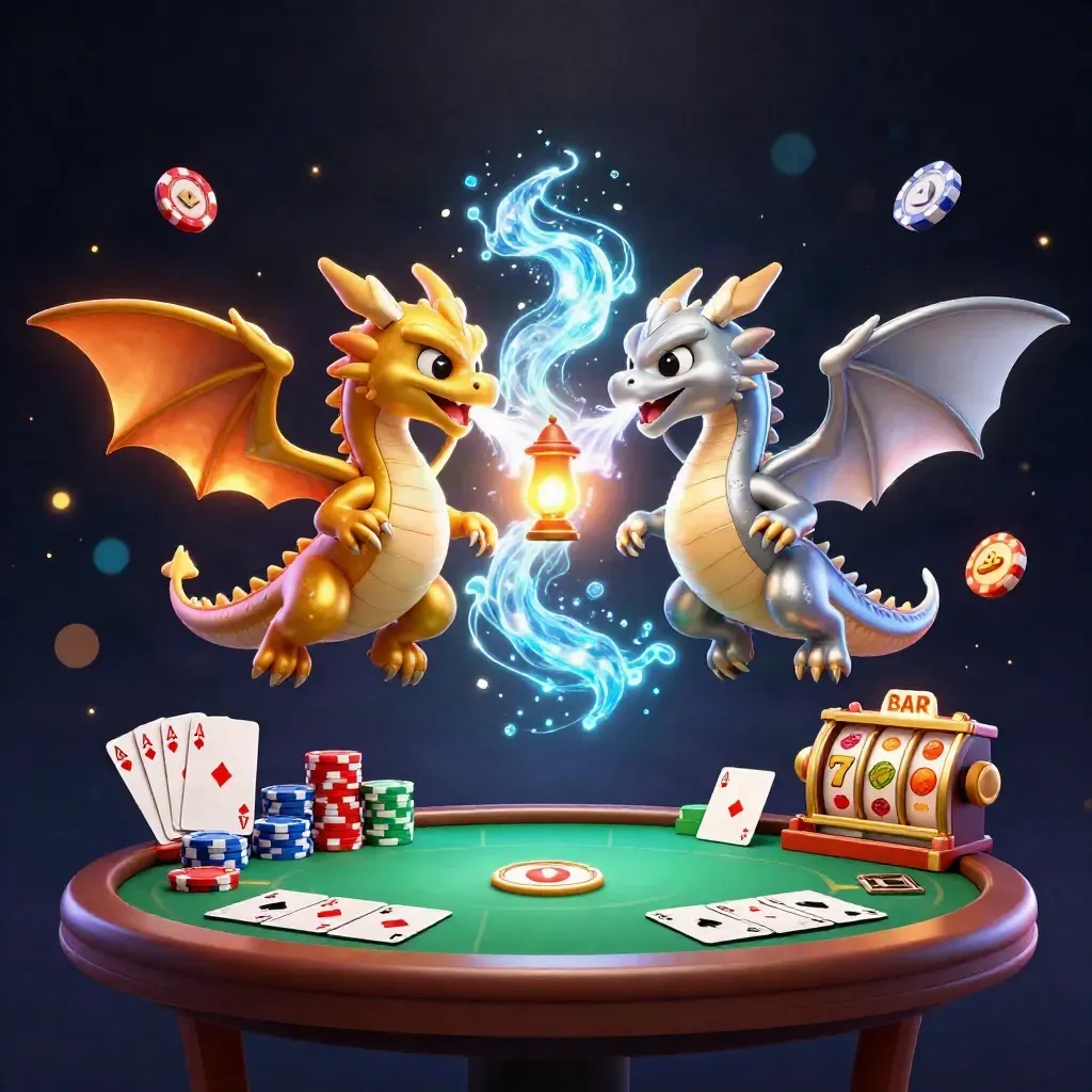 Gold and silver dragons entwined with casino props in a dark neon fantasy splash.
