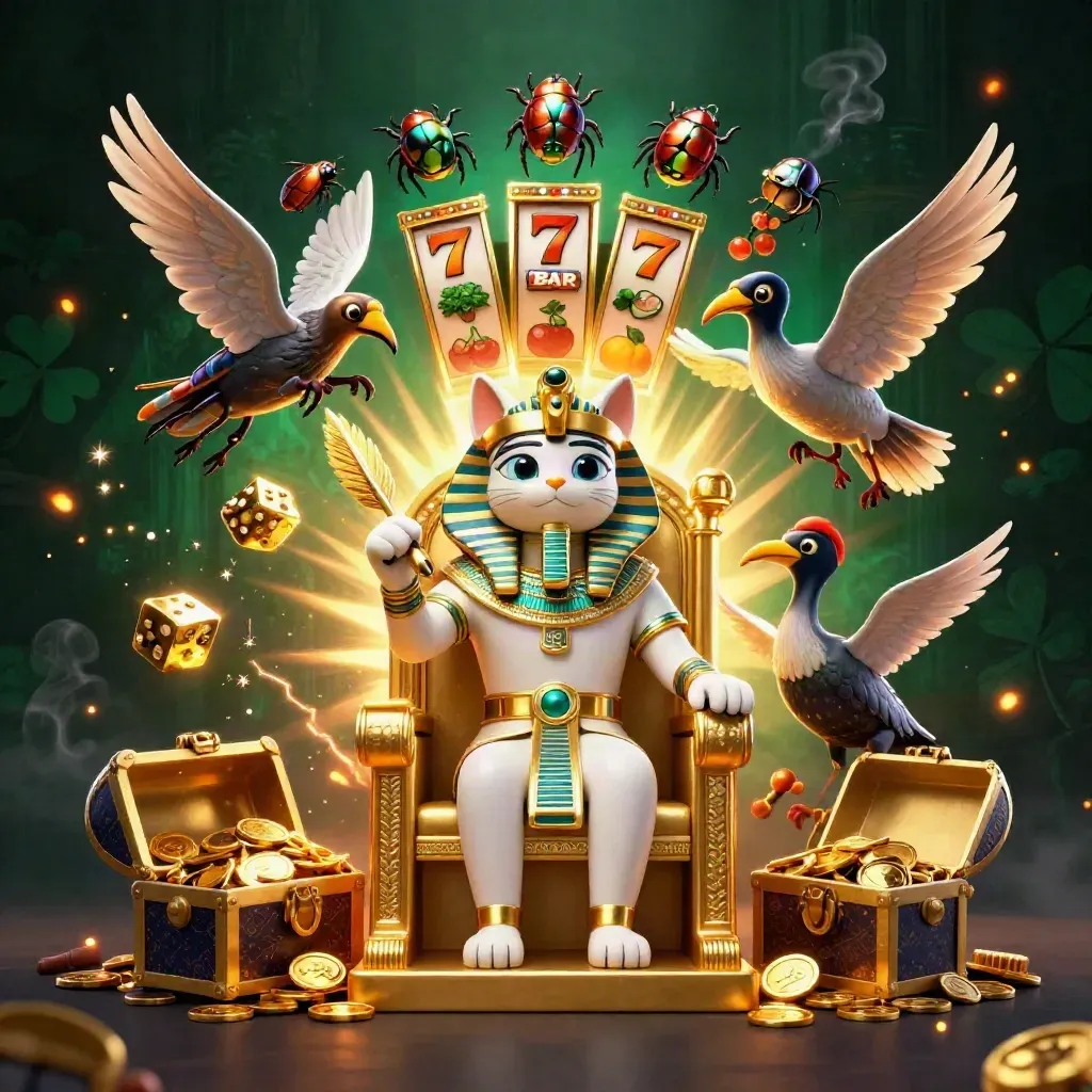 Pharaoh cat on throne with ibis scribe, gem-wing scarabs, slot reels, gold coins, dark emerald casino glow