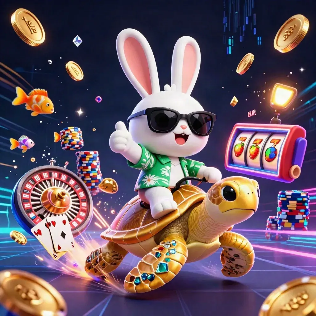 Lucky rabbit on a golden turtle with casino chips, coins and roulette in neon dark key art