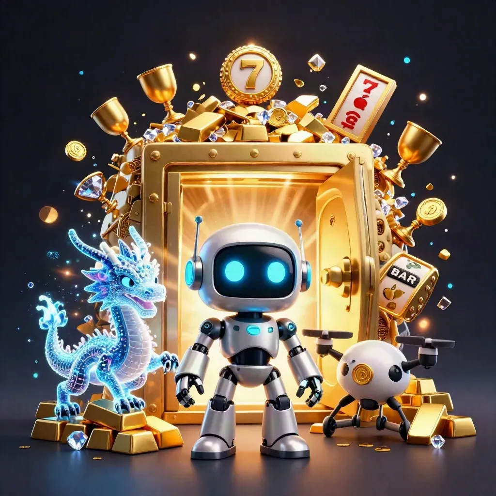 Cyberpunk robot, particle dragon, and coin drone burst from a golden vault in neon-cyan casino glory