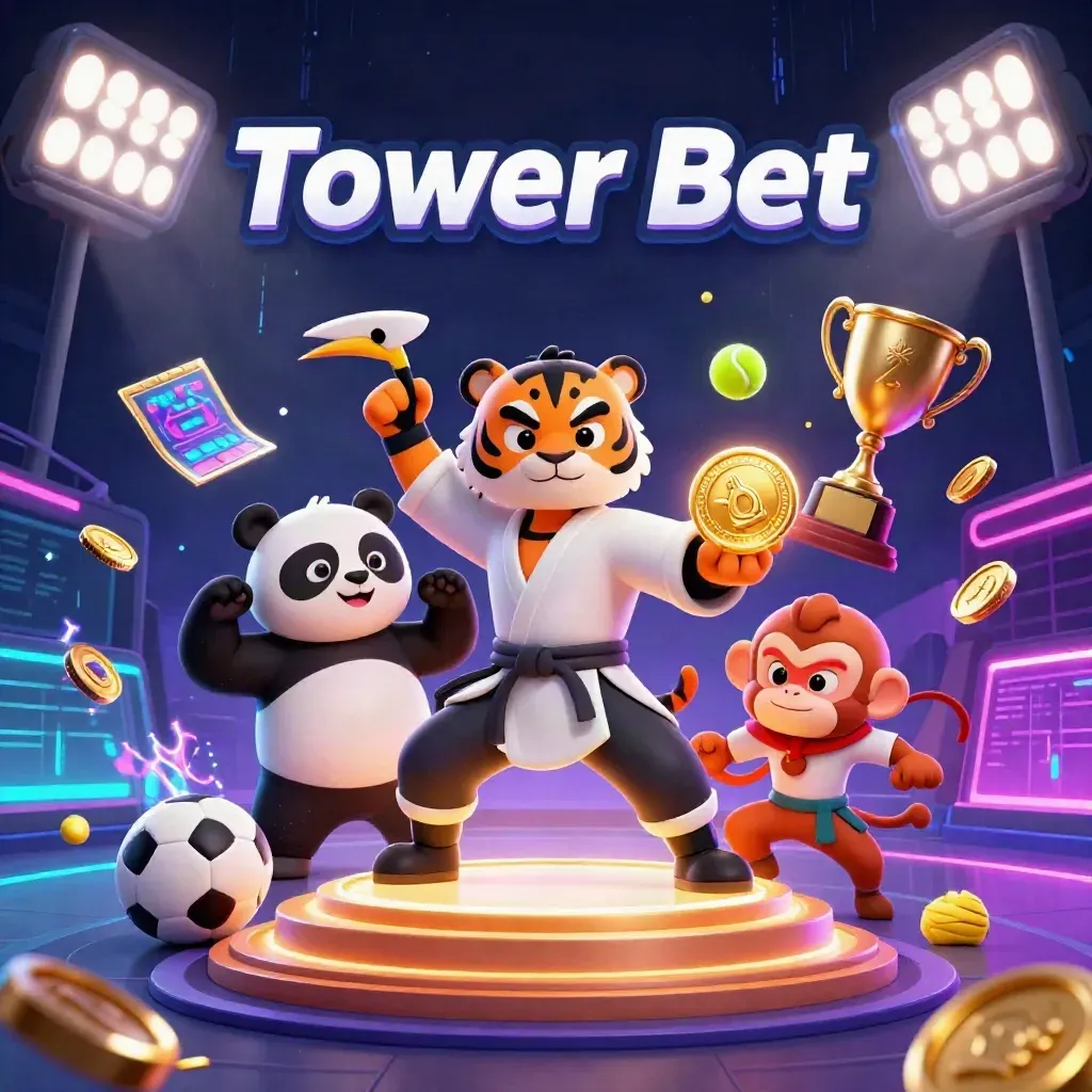 Kung-fu tiger, panda, and monkey around a glowing gold medal with sports balls and casino lights.