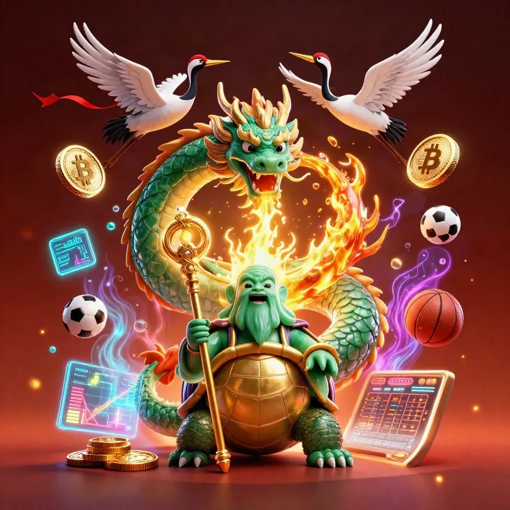 Emerald dragon, sage turtle, and cranes amid coins, fire, and neon sports betting effects.
