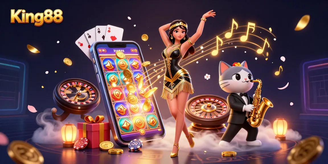 Engage with King88's vibrant casino experience featuring dynamic characters and exciting game elements.