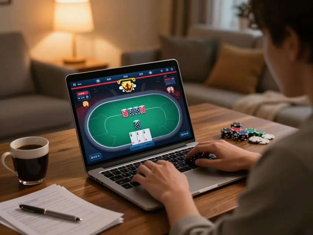 Engaged player at home using bet88 for online poker, showcasing cozy atmosphere with strategy notes.
