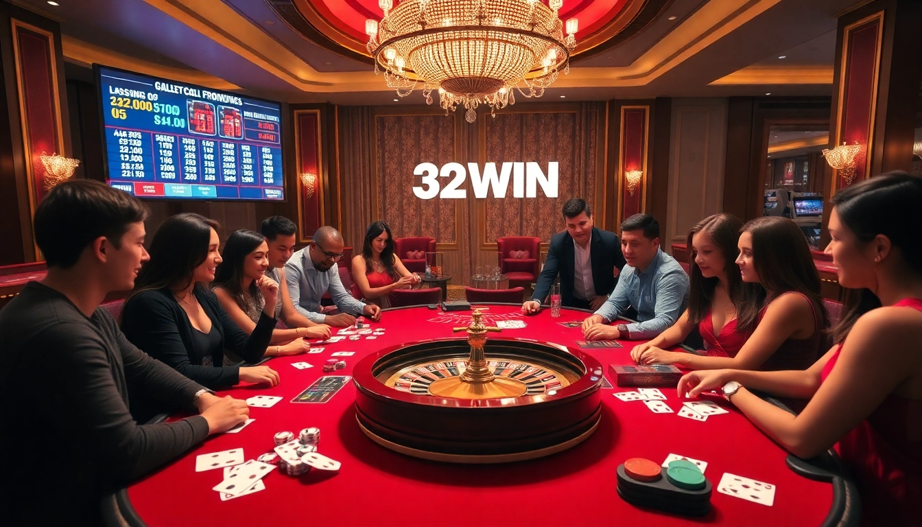 Players enjoying gaming excitement at 32 WIN casino with vibrant decor and luxury.