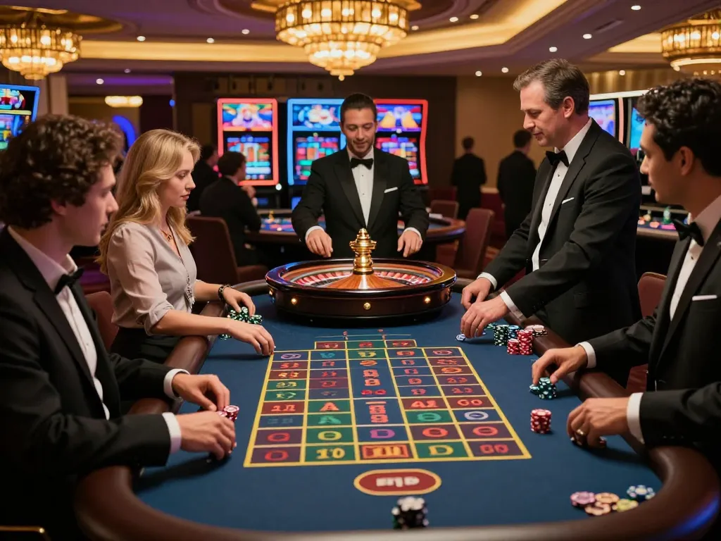 Players engaging in strategic betting at the roulette table, experiencing the excitement of TG88 in a vibrant casino atmosphere.