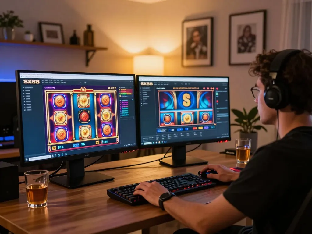 SX88 online gaming experience with vibrant slot graphics on computer screen.
