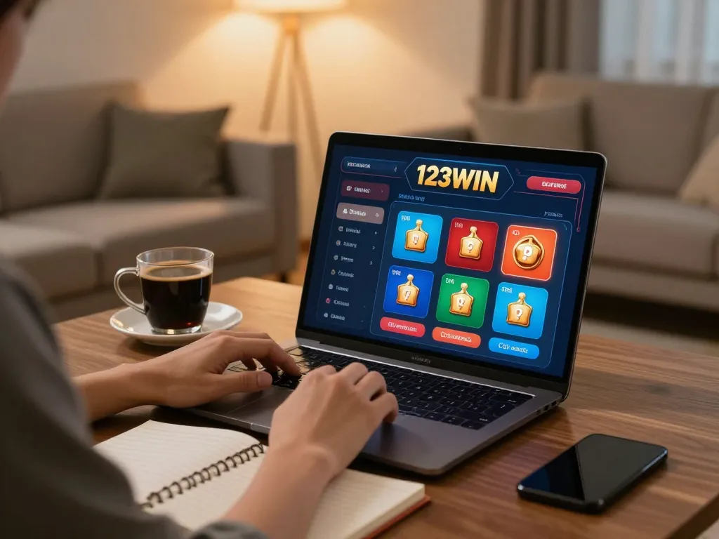 Playing 123WIN casino games on a laptop in a cozy room with strategic notes.