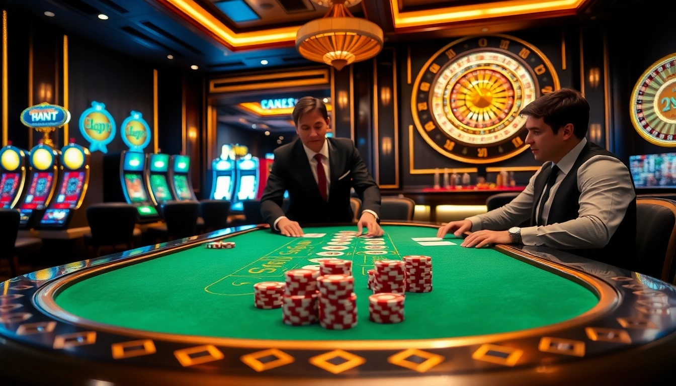 Engaged gamblers strategizing at a blackjack table at https://bem88.com, showcasing excitement and luxury in a casino environment.