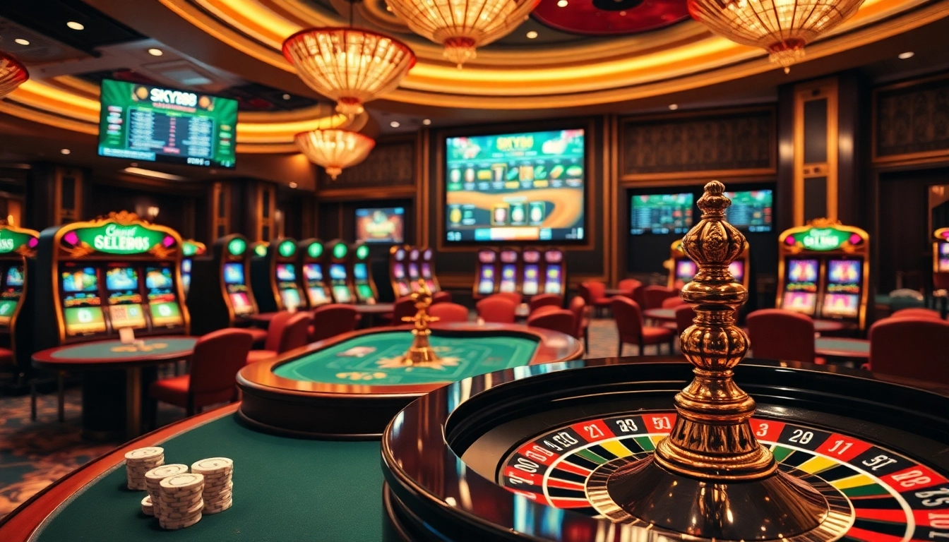 Experience the excitement of SKY88 with vibrant casino tables and luxurious gaming elements.