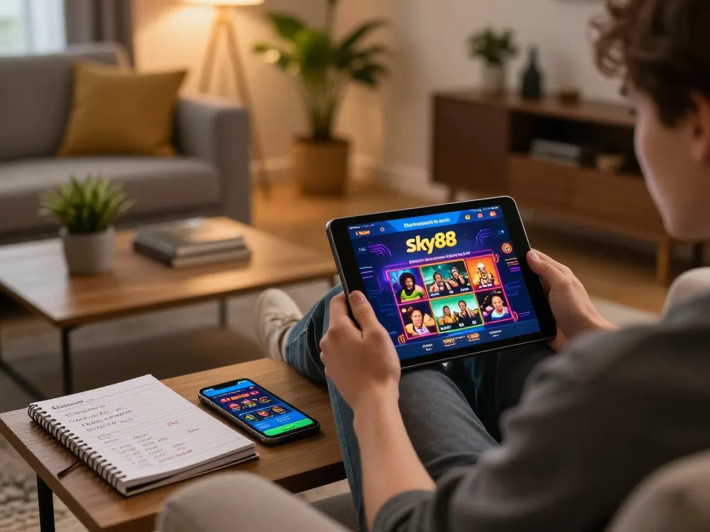 Engaging in online gaming at home using Link vào Sky88 on a tablet with strategic notes nearby