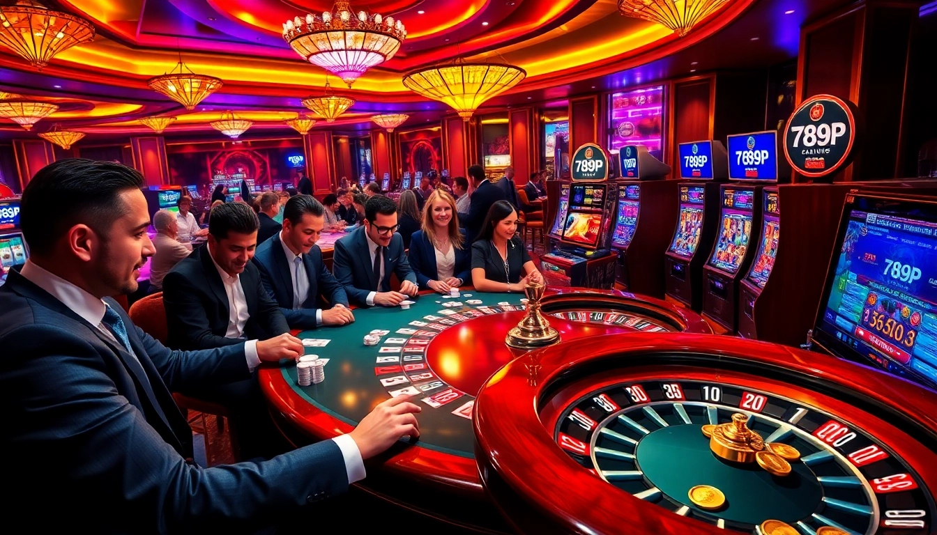Engaged players enjoying high-stakes gaming at 789P casino, showcasing vibrant poker and roulette action.