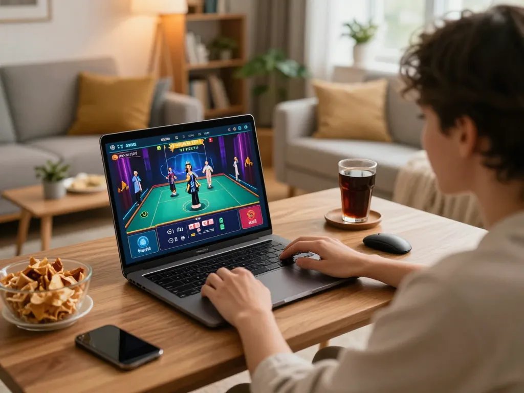 Engaged player strategizing on fly88 online casino interface in a cozy home setting