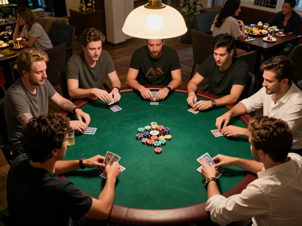Engaged friends play poker around a stylish table during a home game night, showcasing the fun of online gambling at https://11bet.se.net/.