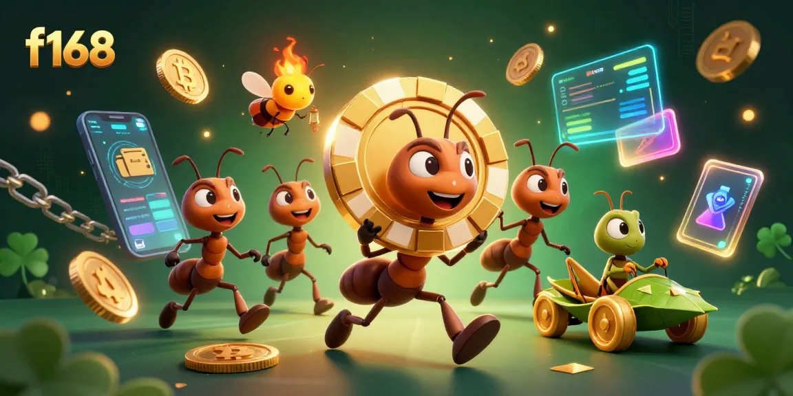 Experience f168 excitement with a team of ants heisting a golden chip amid crypto coins and electric vibes.