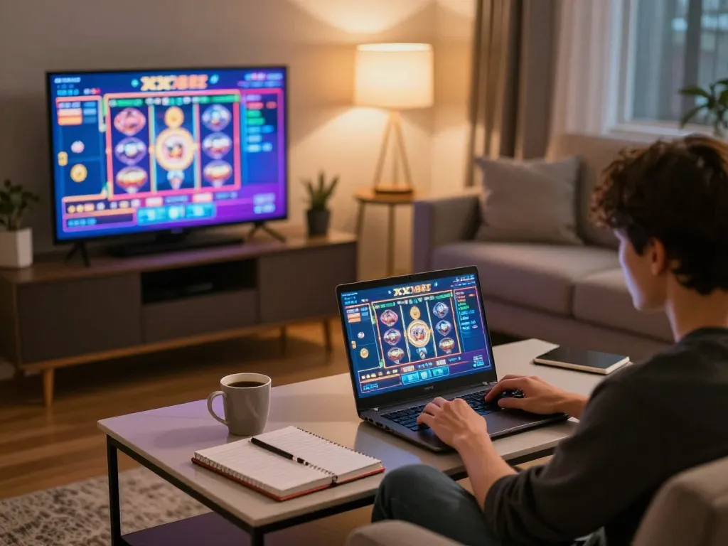 Player enjoying slots at home on XX88, showcasing a vibrant online gaming experience.