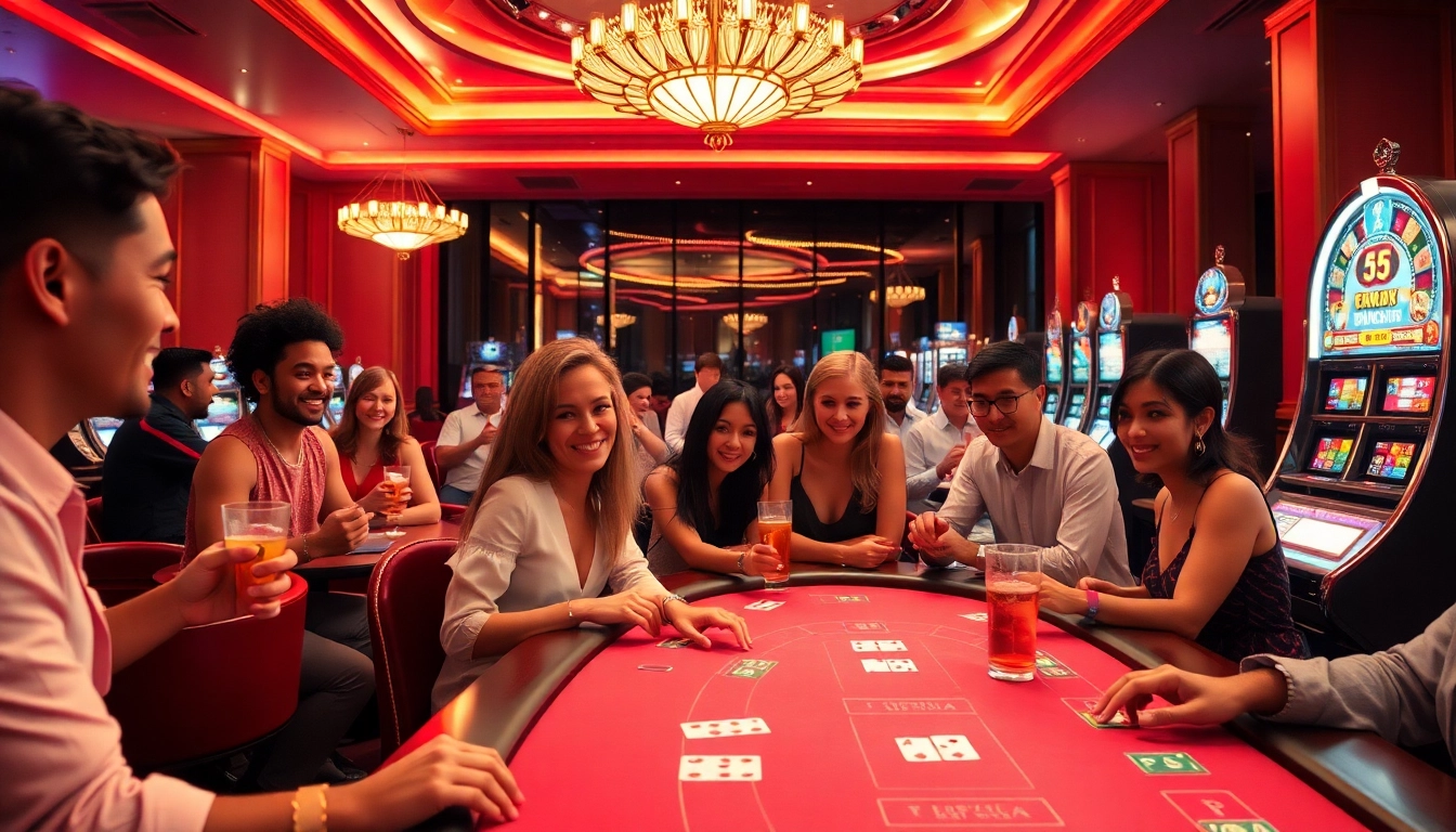 Exciting gaming scene at go8 with diverse players enjoying a luxurious casino atmosphere.