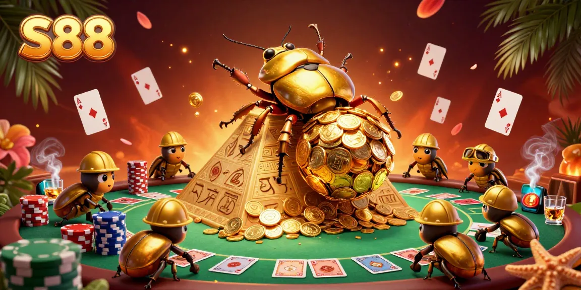 S88 players strategizing with vibrant casino elements and rich golden coin visuals.