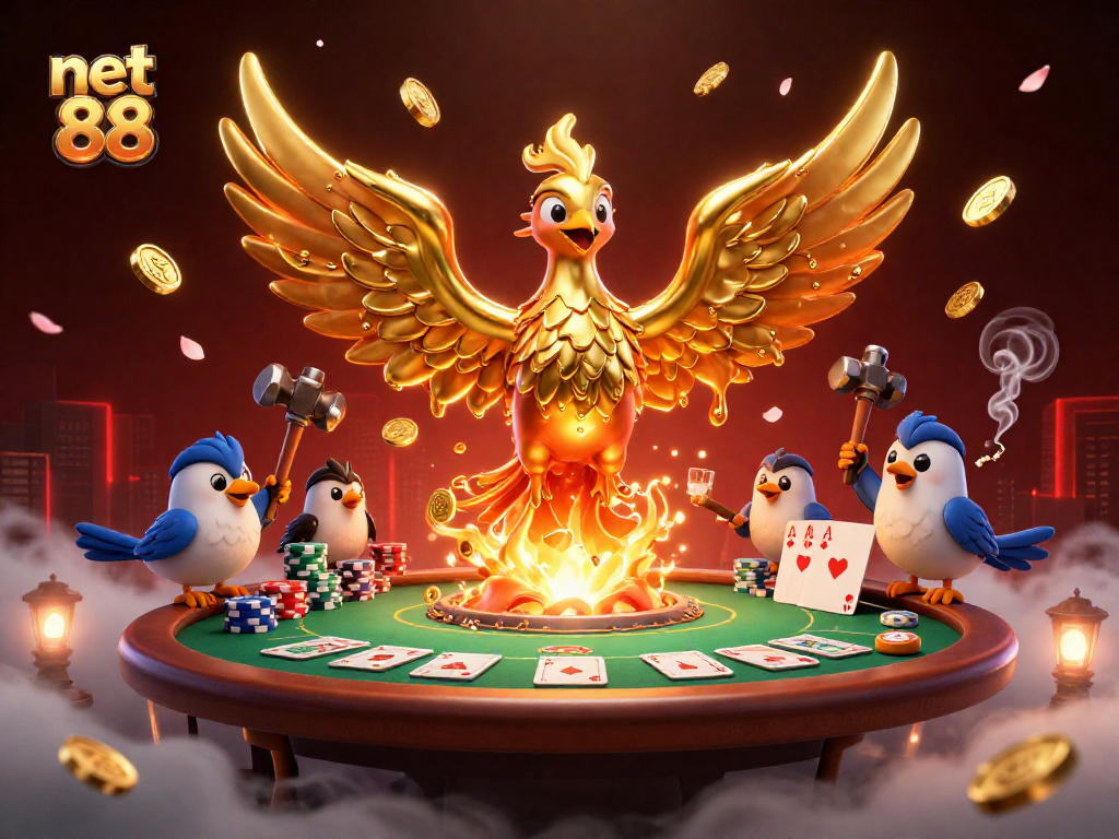 Engage with net 88's exciting poker scene featuring a golden phoenix and vibrant casino elements.
