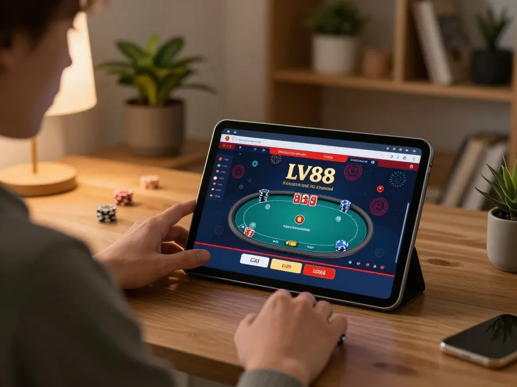 Player engaging with the LV88 online casino on a tablet, showcasing strategic gameplay and a cozy home environment