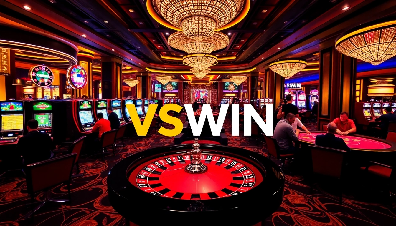 Exciting VSWIN casino scene showcasing roulette, poker, and vibrant slot machines.